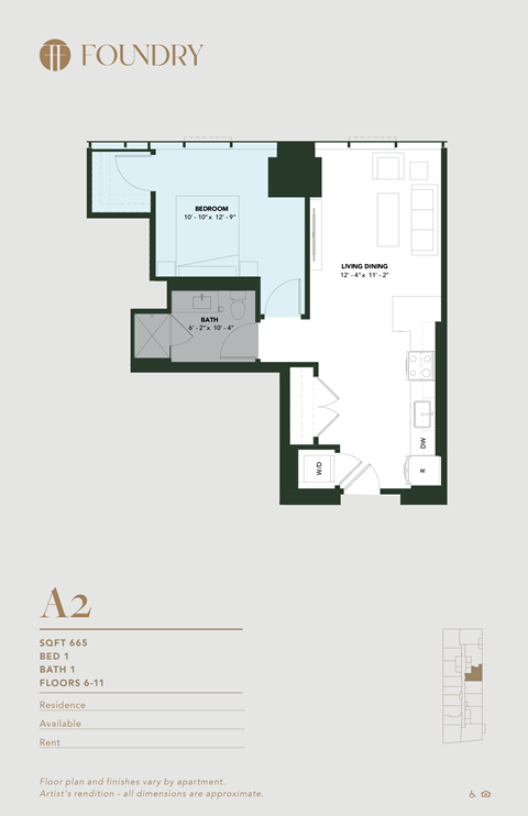 Floor plan for 1 bed, 1 bath, 665 sqft